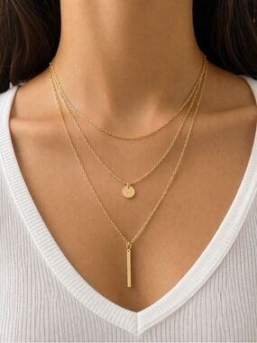 Gold Layered Necklace 3 Tier Chain Pendant Minimalist Dainty Jewelry